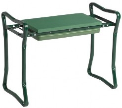A garden kneeler with a pad for kneeling or sitting and four legs that can either stand tall for sitting or be flipped upside down for kneeling in which case the legs act as handles to help the user lower down and rise back up.