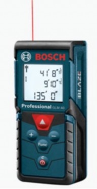 A blue Bosch-brand hand-held laser distance meter.