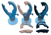 Three examples of a C-shaped or claw shaped grip prehensor.