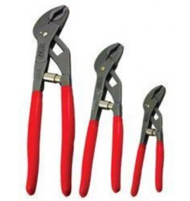 Three different sized pairs of automatic adjusting pliers with red handles.