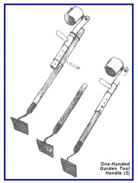 An illustration showing three hoes of different lengths. The two longer handled hoes have forearm assistive devices attaches that provide an arm cuff and handle that is perpendicular to the handle of the hoe.