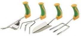 Four garden trowels and cultivators with 90 degree handles