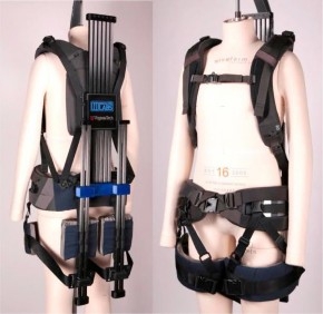 An exoskeleton built of fabric straps and carbon fiber rods running parrel to the back. 