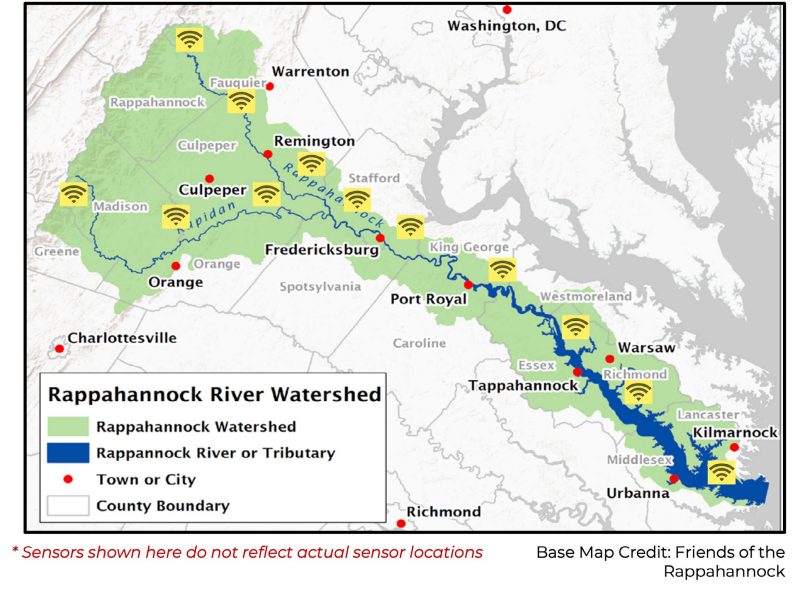 A regional map originally from Friends of the Rappahannock has been altered to depict the Rappahannock watershed in green and the Rappahannock River in blue. Towns and cities are identified with red dots, and counties are white and outlined in gray. Yellow boxes with Wi-Fi icons are located along the river and represent sensors.
