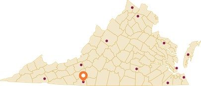 Map of Virginia with Reynolds Homestead Pinned.