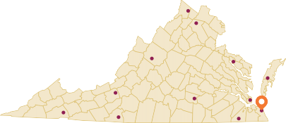 Virginia map with a network of 11 center and indicating the location of The Hampton Roads AREC