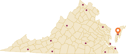 Virginia map with a network of 11 center and indicating the location of the Eastern Shore AREC