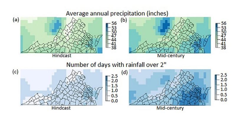 Four maps of Virginia showing how the average annual precipitation and the number of days with over two inches of rainfall will change by mid-century.