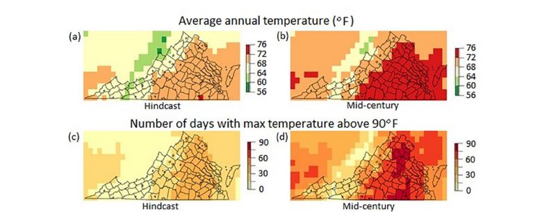 Four maps of Virginia showing how the average annual temperature and the number of days with a high temperature above 90 degrees F will change by mid-century. 