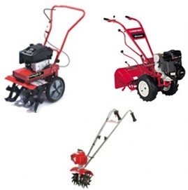 An image of three different types of garden tillers.