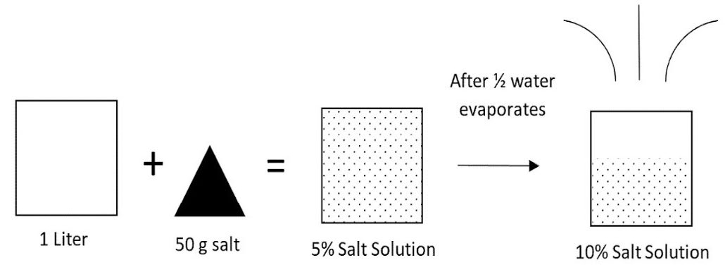 Simple graphic showing that if 50 grams of salt are added to one liter of water, the result is a 5 percent salt solution. If half the water evaporates, the result is a 10 percent salt solution.