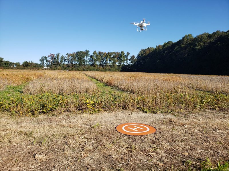 A drone landing on a markked helipad in a field.