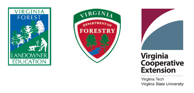 From left to right, three logos of virginia forest landower education, virginia department of forestry, and VCE