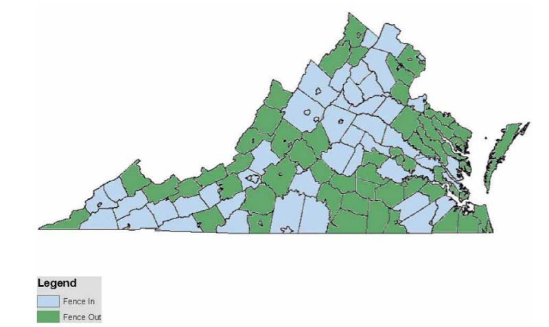 Map of Virginia is color-coded to show which counties and cities in Virginia are fence-in by law (blue) and which are fence-out (green).