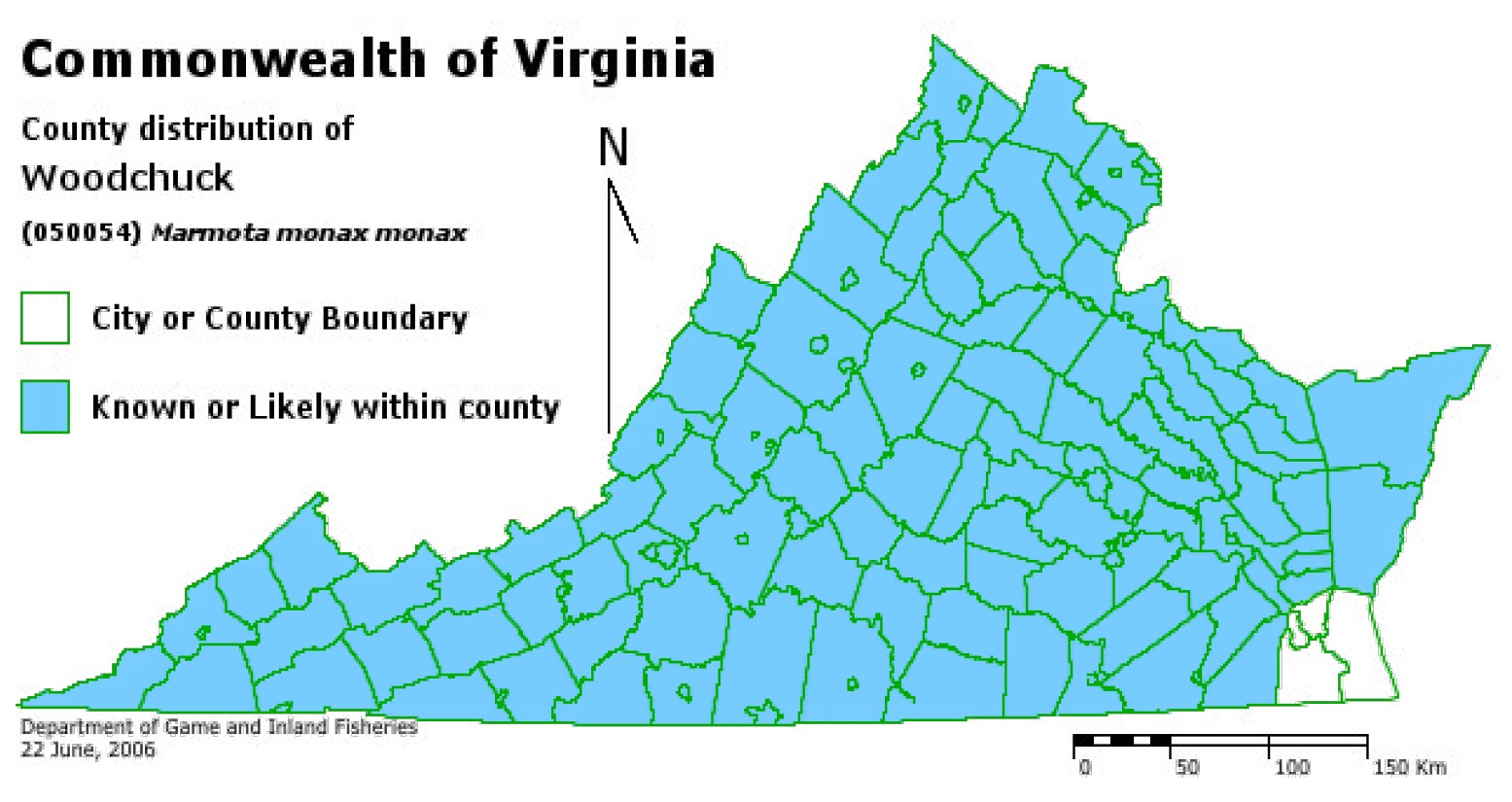 County map of Virginia shaded to indicate where the woodchuck is found.
