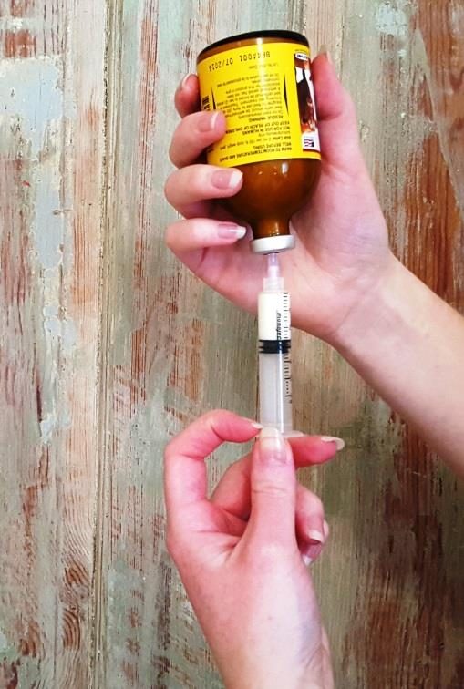 A photo of a needle inserted into a vaccine bottle
