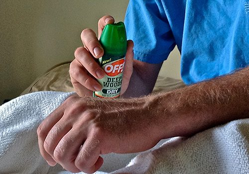 picture of a person spraying an insecticide on his arm