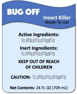 The image shows an example of the label information found on the front panel of a pesticide product. It includes the brand name, a child safety statement, an ingredients statement, a signal word, and the net contents of the container.