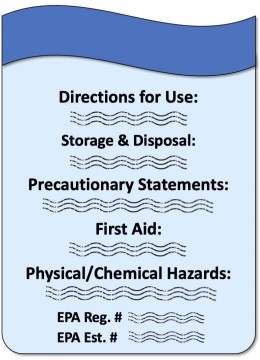 The image shows an example of the label information found on the back panel of a pesticide product. It includes the directions for use, storage and disposal, pecautionary statements, first aid, physical/chemical hazards, and the EPA registration and establishment numbers.