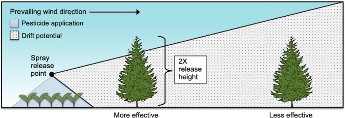 Graphic shows how factors such as prevailing wind direction and proper placement can affect the efficieny of a buffer.