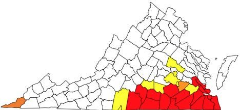 A map of Virginia divided by county lines, representing fire ant population. There is a large cluster of red and orange counties to the southeast, and a yellow county to the far southwest.