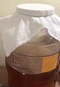a photo of a jar of kombucha covered with white cloth.
