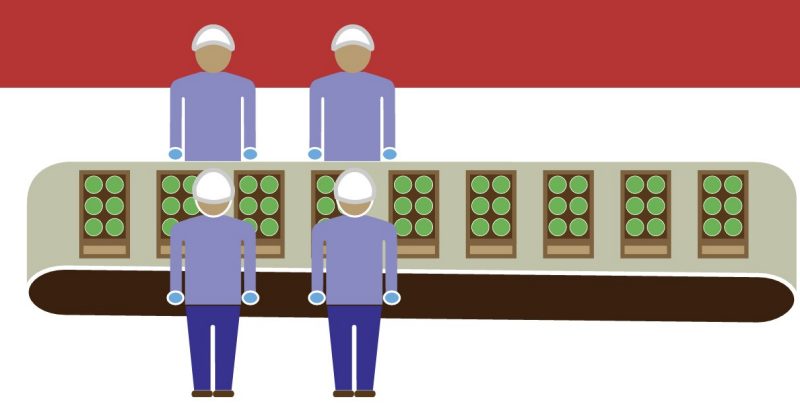 an illustration of workers standing right next to each other at a belt conveyor not wearing masks.
