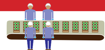 an illustration of workers standing right next to each other at a belt conveyor not wearing masks.