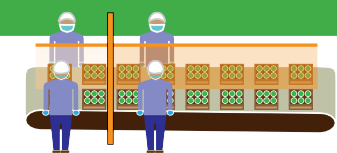 an illustration of workers standing at a belt conveyor with front and side barriers, wearing masks .