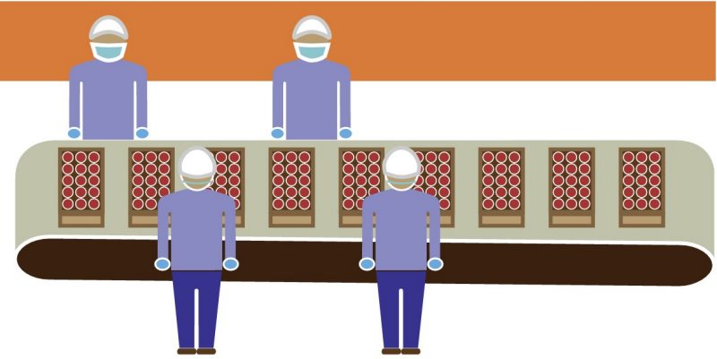an illustration of workers keeping some space at a belt conveyor and wearing masks.