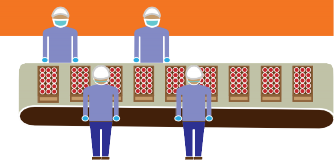 an illustration of workers keeping some space at a belt conveyor and wearing masks.