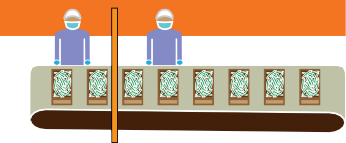 an illustration of workers standing at a belt conveyor with a barrier, wearing masks.