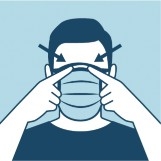 An illustration of a person wearing a mask and adjusting the nasal part for a secure fit.