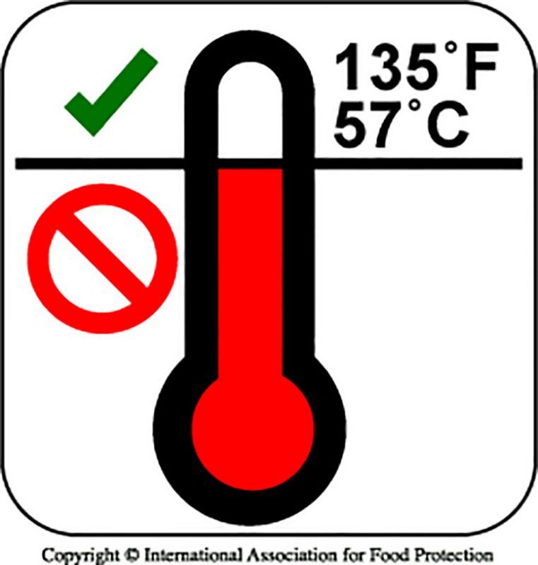 Graphic of a thermometer indicating that temperatures at or above 135°F for hot products are acceptable.
