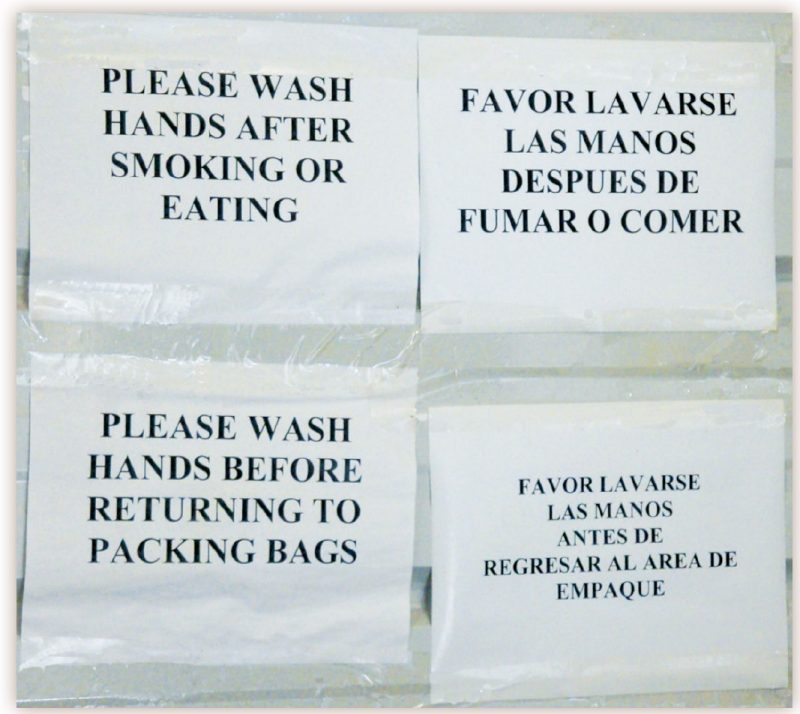 Post handwashing instructions for workers in their native language.