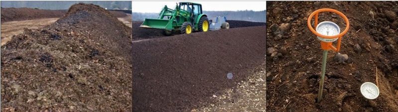Figure 4. Photos showing examples of treated animal-based amendments, including a large pile compost in early stages of decomposition, a windrow of almost finished compost, and a compost pile with two types of compost thermometers.  