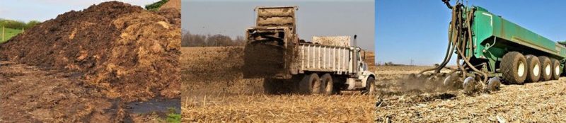 Figure 3. Images showing untreated animal-based amendments. From left to right: stacked raw manure, truck spreading raw manure, and a liquid manure injection system.