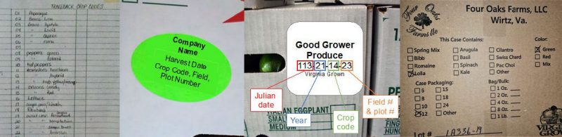 Figure 8. Examples of traceability crop codes and labels, including a list of crop codes, box stickers, and pre-printed cardboard boxes containing farm name, check boxes and a lot number.
