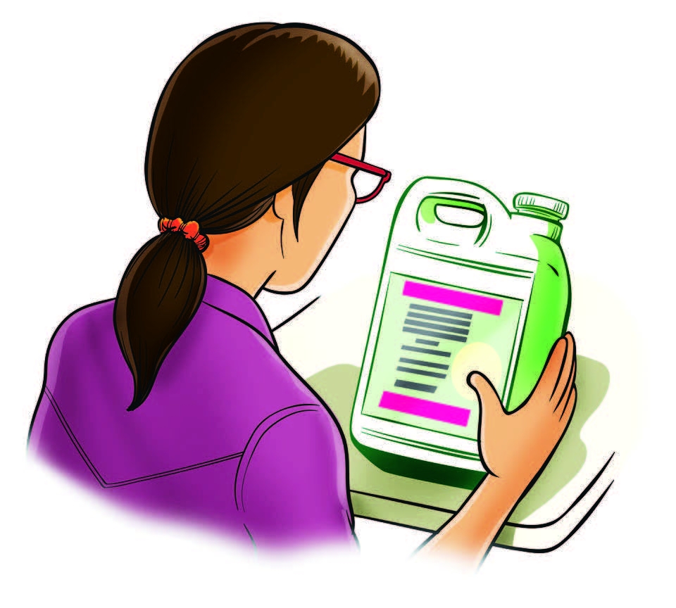 an illustration of a person reading directions on a sanitizer
