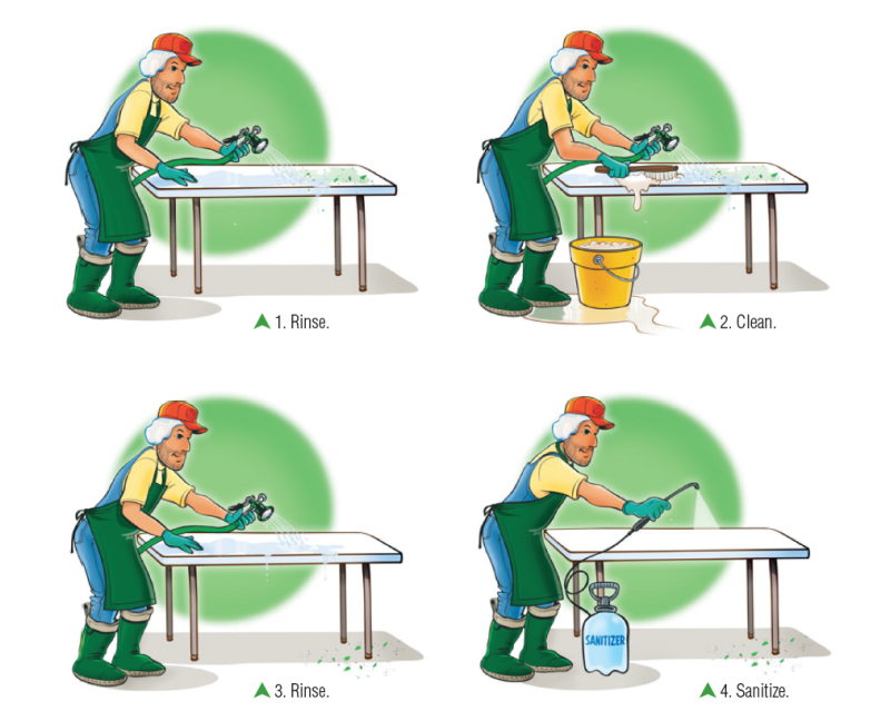 illustration showing how to clean and sanitize surfaces.