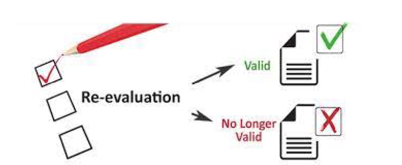 Check boxes of hypothetical list that operations would annually (or on another timeframe) assess if are still true (valid) or false (no longer valid). This is graphically shown by two arrows showing a green check for valid, and a red X for no longer valid. 