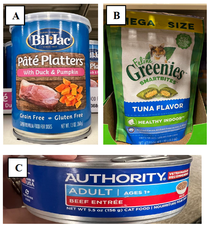A: Pate Platters with duck and pumpkin can B: Mega size bag of Greenie's Tuna Flavor cat food C:Hand holding a can of Authority Beef Entree