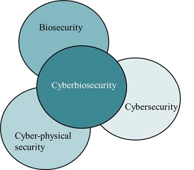 Three circles each labeled as biosecurity, cybersecurity, and cyber-physical security sit in a triangle behind a fourth circle over the top labeled cyberbiosecurity. 
