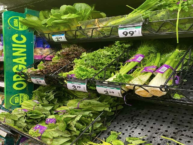 Shelf of organic produce in the grocery store - assorted green vegetables and leafy greens