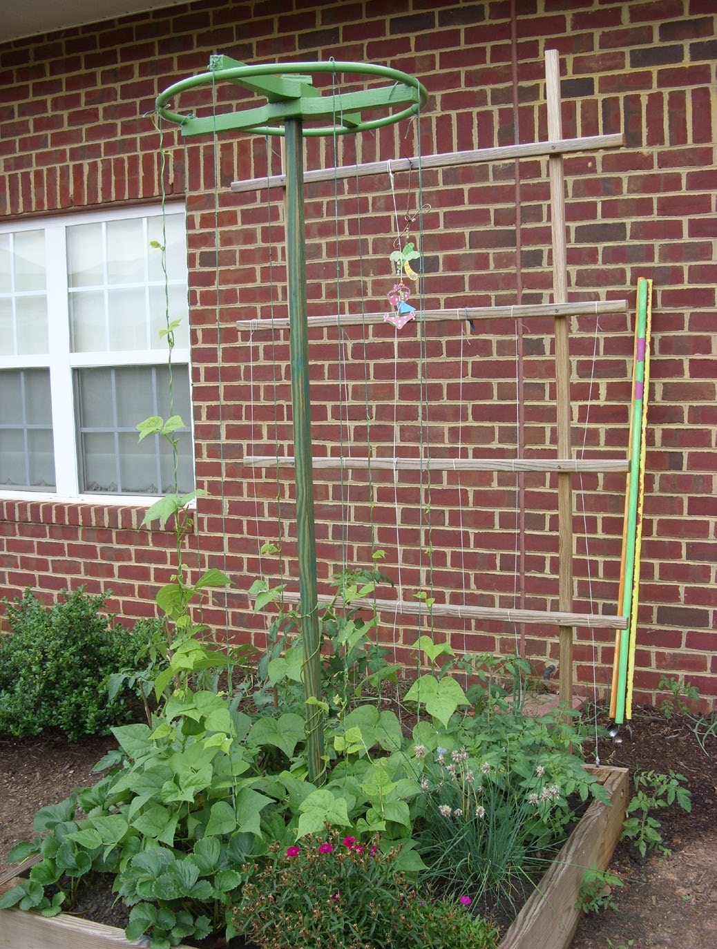 An example of a low raised bed in front of a brick wall.