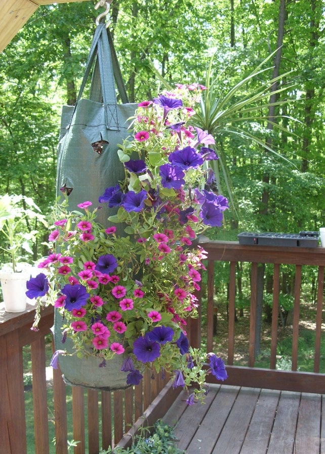 A planting bag hanging on a deck and full of purple and green flowers.