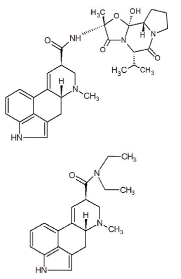 Molecular structures of Ergovaline and LSD.