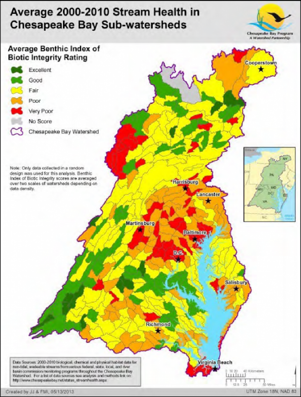 Shows stream health from 2000-2010 in Chesapeake Bay watersheds. The map covers parts of New York, Pennsylvania, West Virginia, Maryland, Delaware, the District of Columbia, and Virginia.  Areas are color coded with dark green for excellent, light green for good, yellow for fair, orange for poor, and red for very poor.  The majority of the map is yellow with large sections of orange and fewer scattered sections of greens and red. Source: Chesapeake Bay Program.