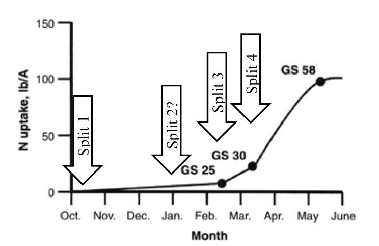a graph showing the nitrogen uptake with the months in the X asis and the uptake per pounds per acre in y axis.