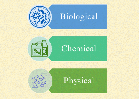 A simple graphic of biological, chemical and physical hazards represented by icons of bacteria as seen through a microscope, jugs of chemicals, and broken glass shards.